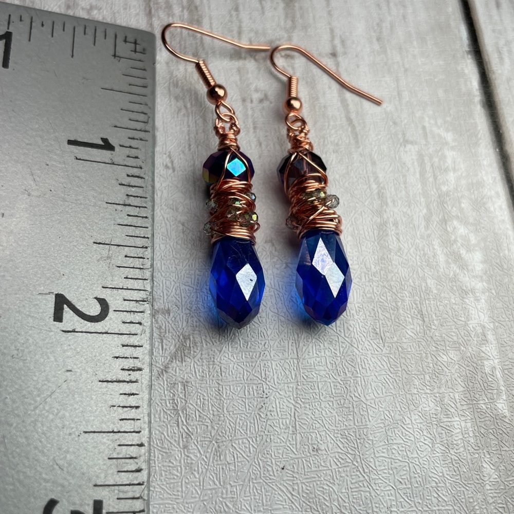 Blue Austrian Crystal Hammered Copper Chaos Wrapped Earrings Artisan Designed - Picture 12 of 17